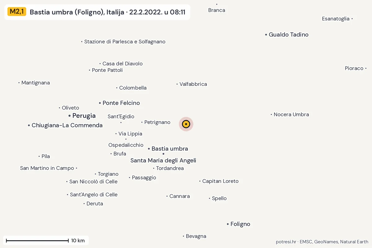 Karta: okolica epicentra, 60 km, potres M2,1, Bastia umbra (Foligno), Italija, 22.2.2022.