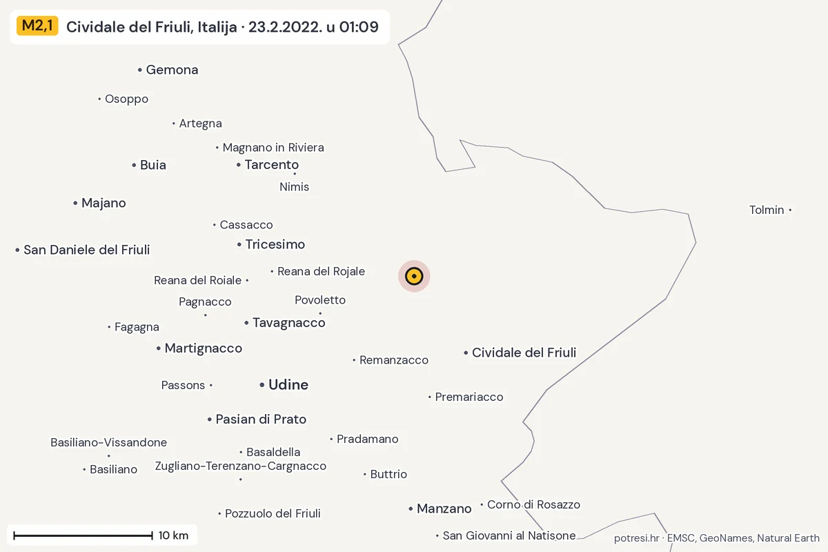 Karta: okolica epicentra, 60 km, potres M2,1, Cividale del Friuli, Italija, 23.2.2022.