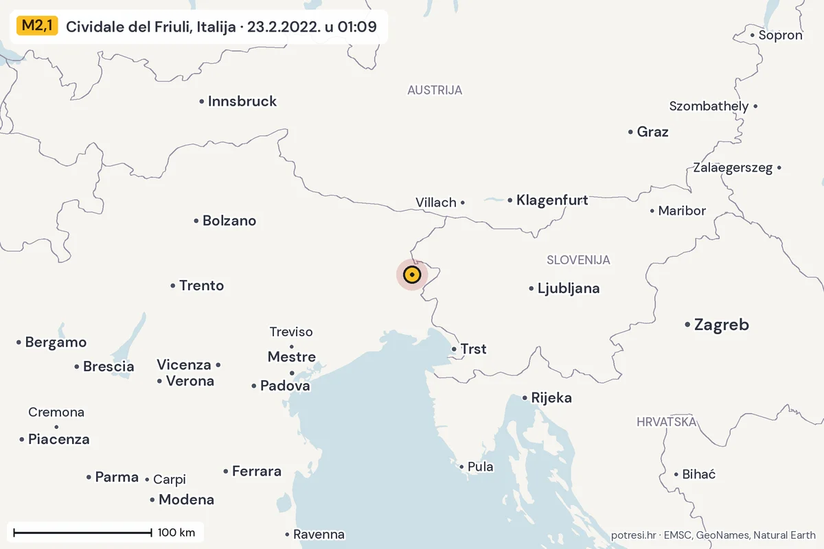 Karta: šire područje, 600 km, potres M2,1, Cividale del Friuli, Italija, 23.2.2022.