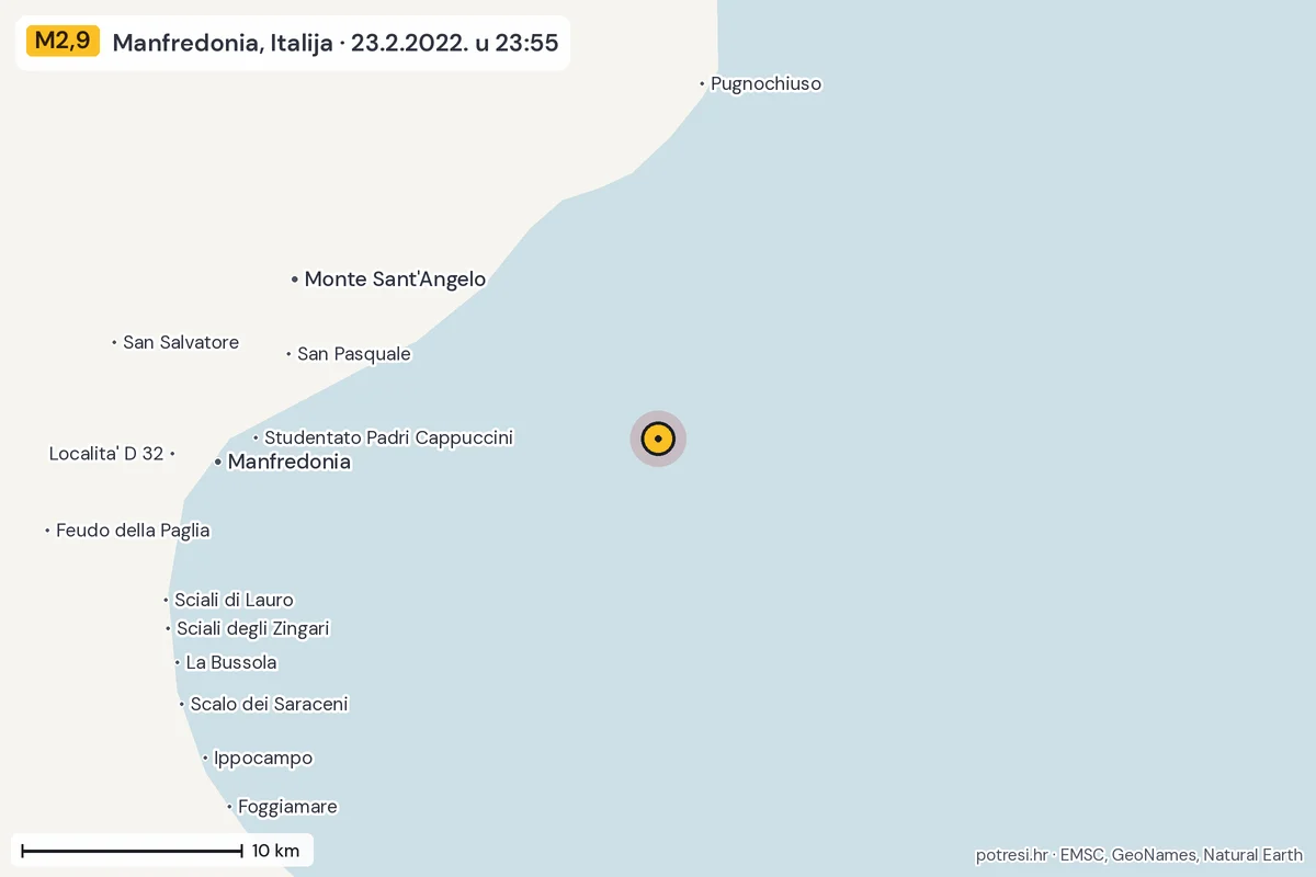 Karta: okolica epicentra, 60 km, potres M2,9, Manfredonia, Italija, 23.2.2022.