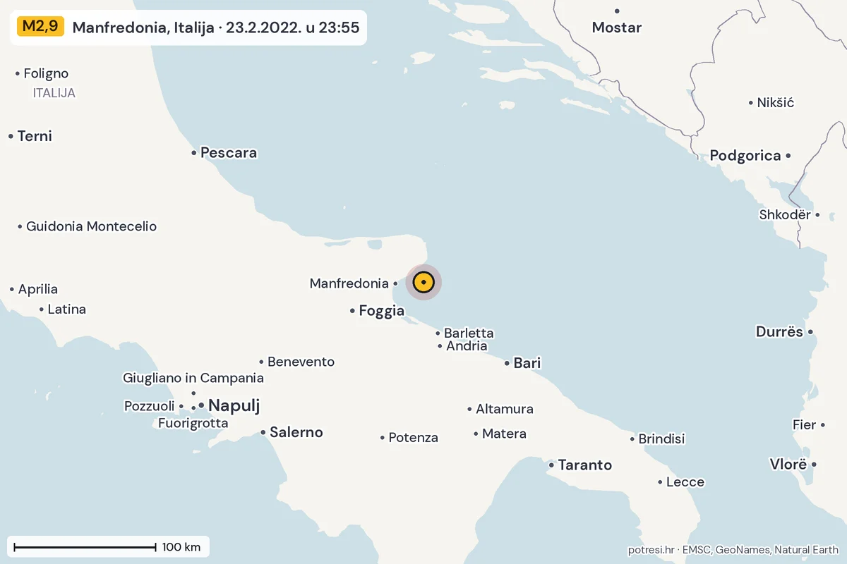 Karta: šire područje, 600 km, potres M2,9, Manfredonia, Italija, 23.2.2022.