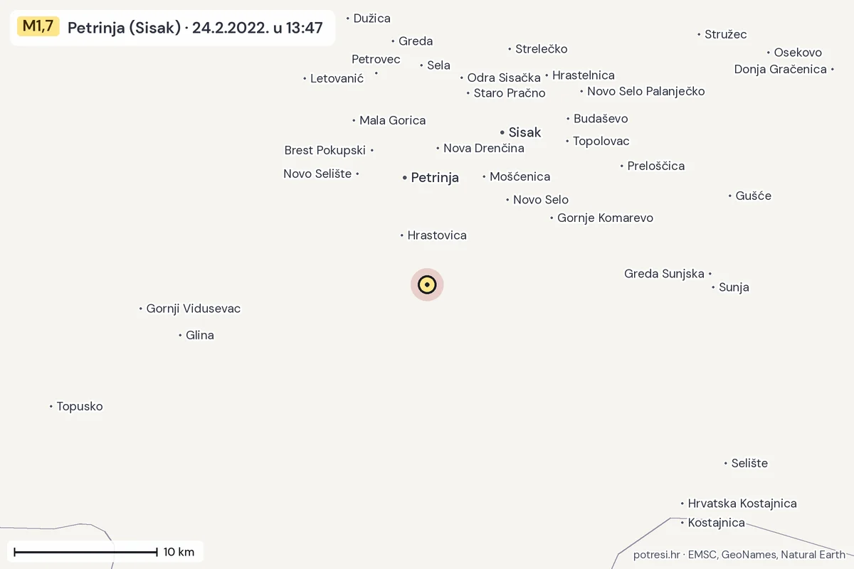 Karta: okolica epicentra, 60 km, potres M1,7, Petrinja (Sisak), 24.2.2022.