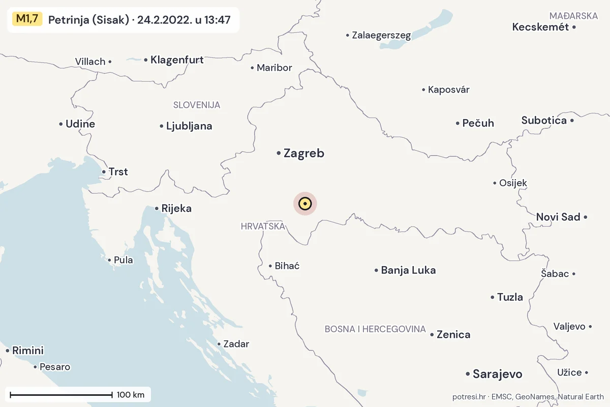 Karta: šire područje, 600 km, potres M1,7, Petrinja (Sisak), 24.2.2022.