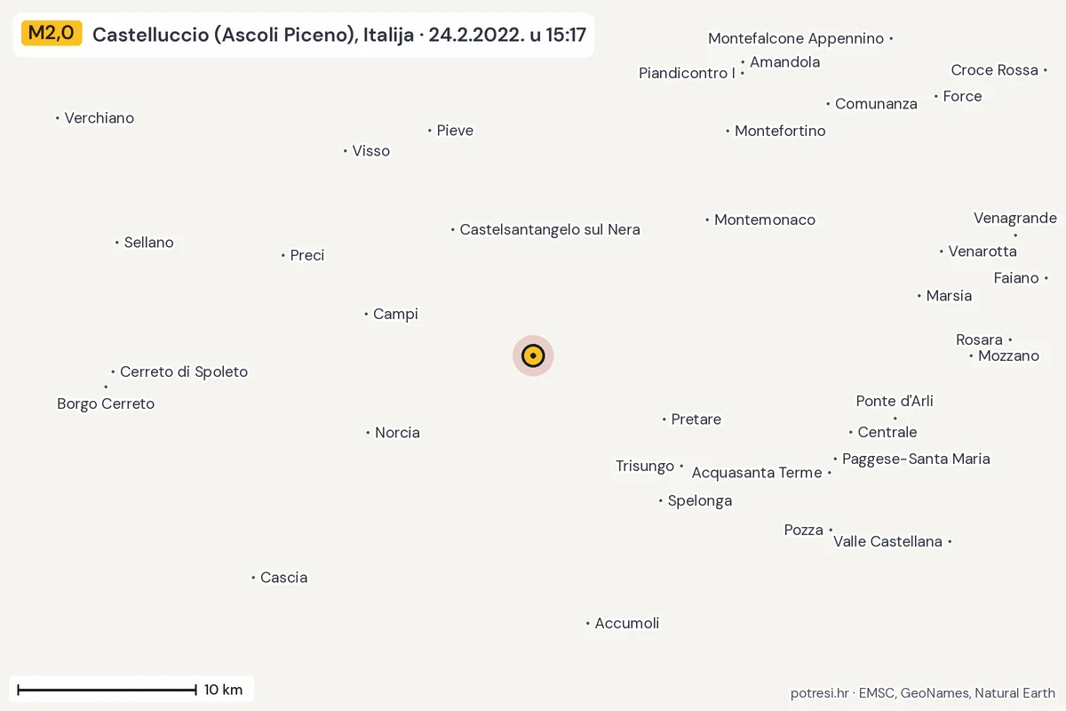 Karta: okolica epicentra, 60 km, potres M2,0, Castelluccio (Ascoli Piceno), Italija, 24.2.2022.