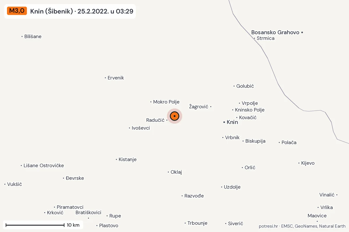 Karta: okolica epicentra, 60 km, potres M3,0, Knin (Šibenik), 25.2.2022.