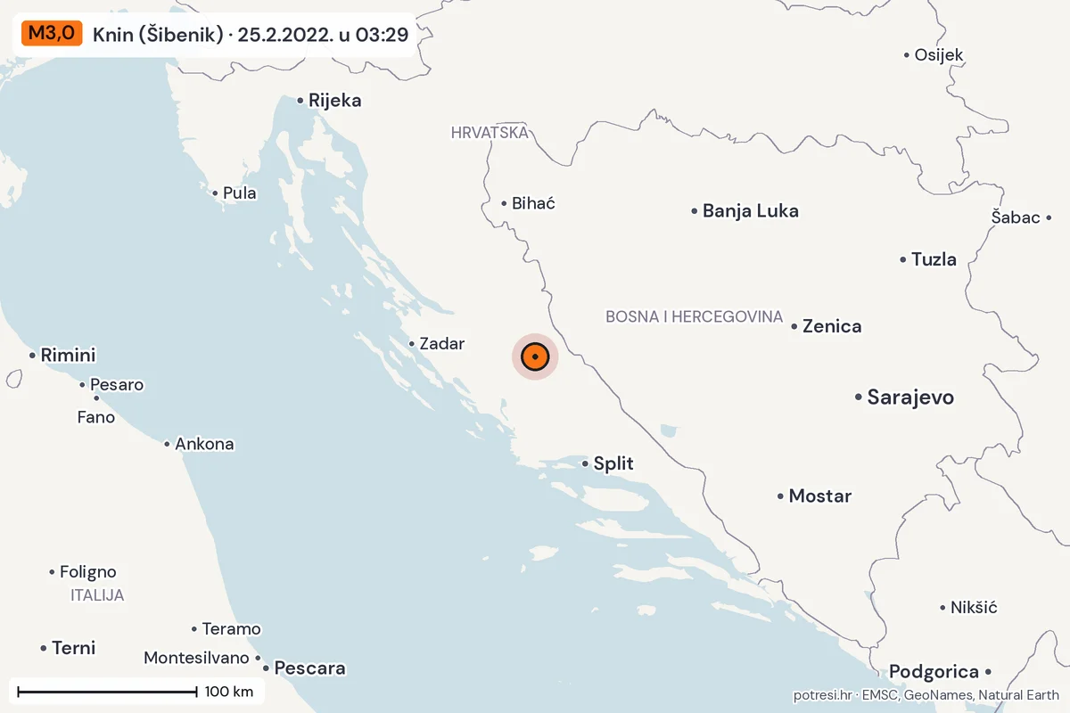 Karta: šire područje, 600 km, potres M3,0, Knin (Šibenik), 25.2.2022.