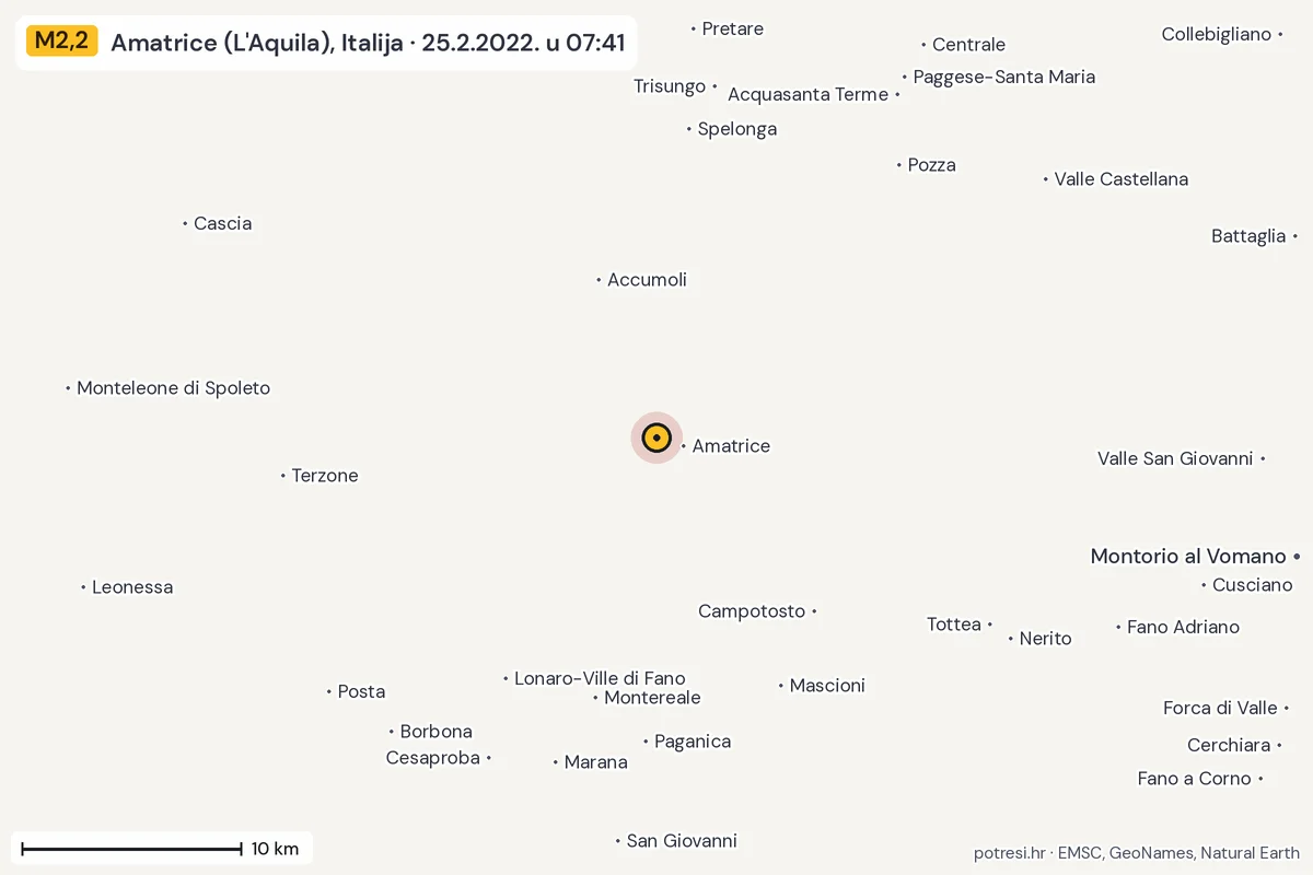 Karta: okolica epicentra, 60 km, potres M2,2, Amatrice (L'Aquila), Italija, 25.2.2022.