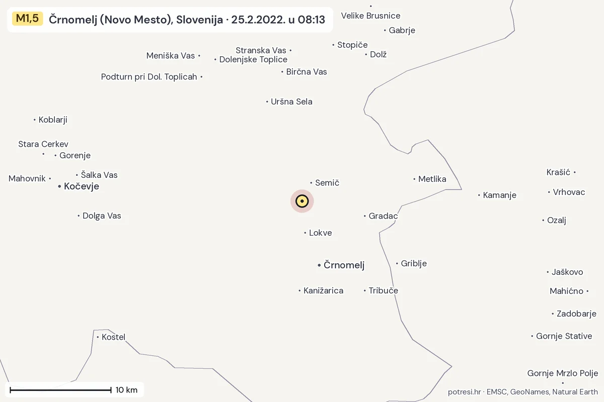 Karta: okolica epicentra, 60 km, potres M1,5, Črnomelj (Novo Mesto), Slovenija, 25.2.2022.
