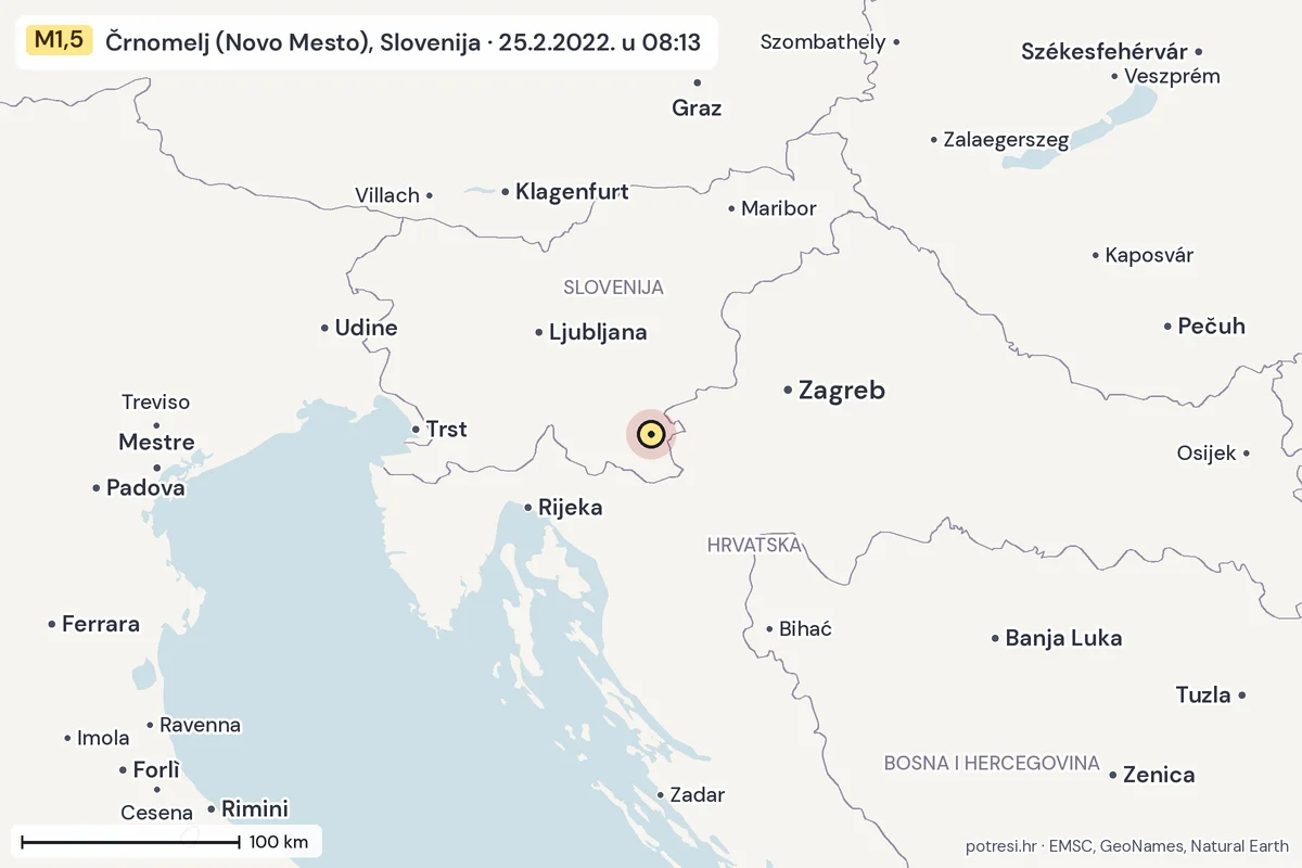 Karta: šire područje, 600 km, potres M1,5, Črnomelj (Novo Mesto), Slovenija, 25.2.2022.