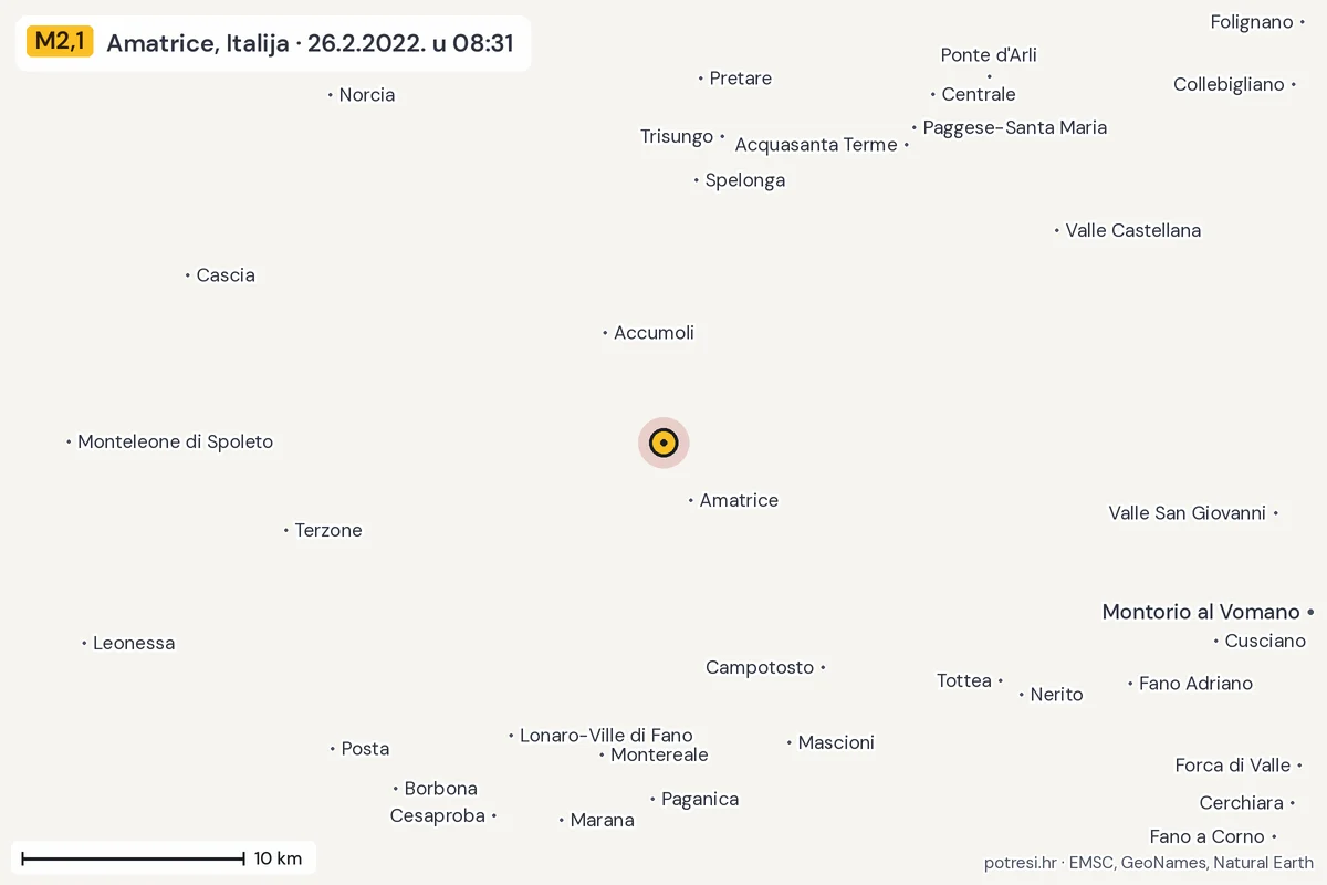 Karta: okolica epicentra, 60 km, potres M2,1, Amatrice, Italija, 26.2.2022.