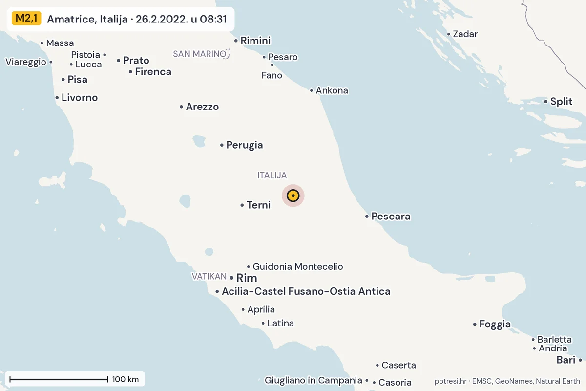 Karta: šire područje, 600 km, potres M2,1, Amatrice, Italija, 26.2.2022.