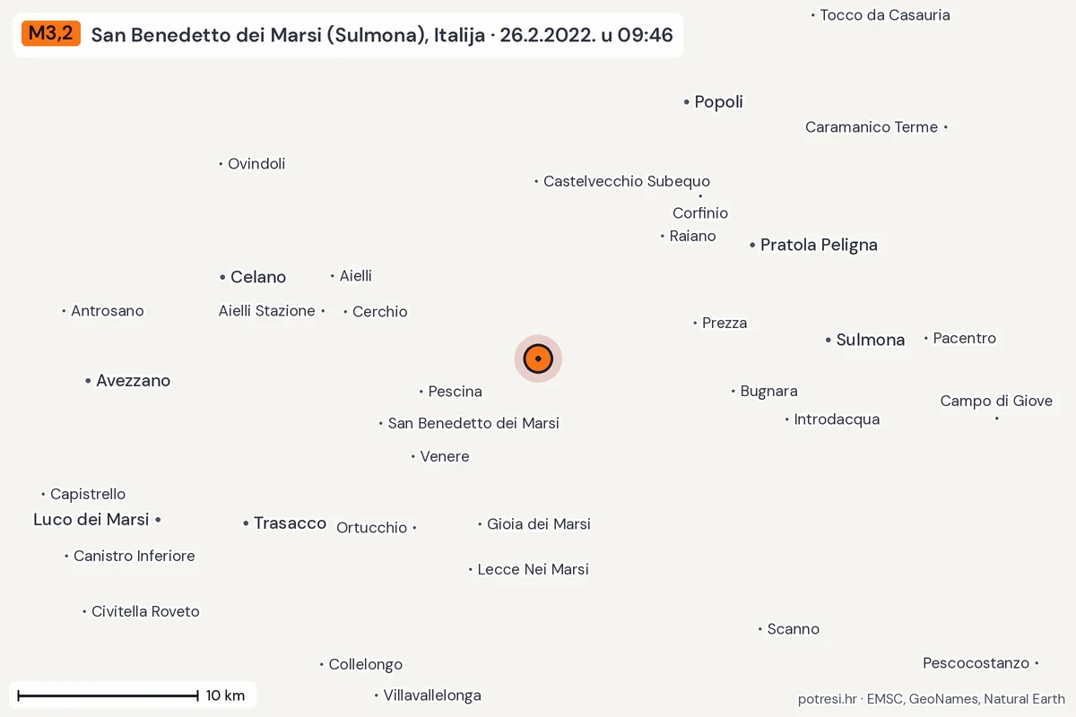 Karta: okolica epicentra, 60 km, potres M3,2, San Benedetto dei Marsi (Sulmona), Italija, 26.2.2022.