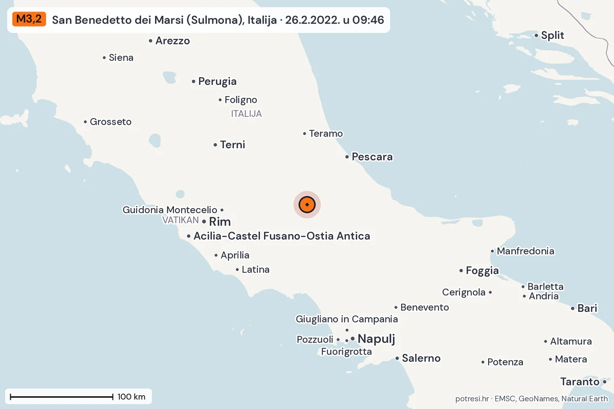 Karta: šire područje, 600 km, potres M3,2, San Benedetto dei Marsi (Sulmona), Italija, 26.2.2022.
