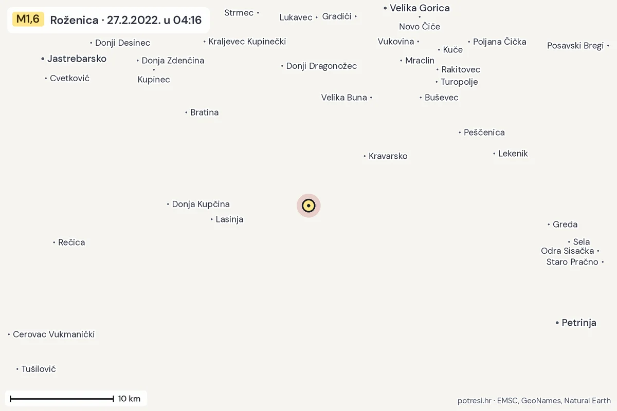 Karta: okolica epicentra, 60 km, potres M1,6, Roženica, 27.2.2022.