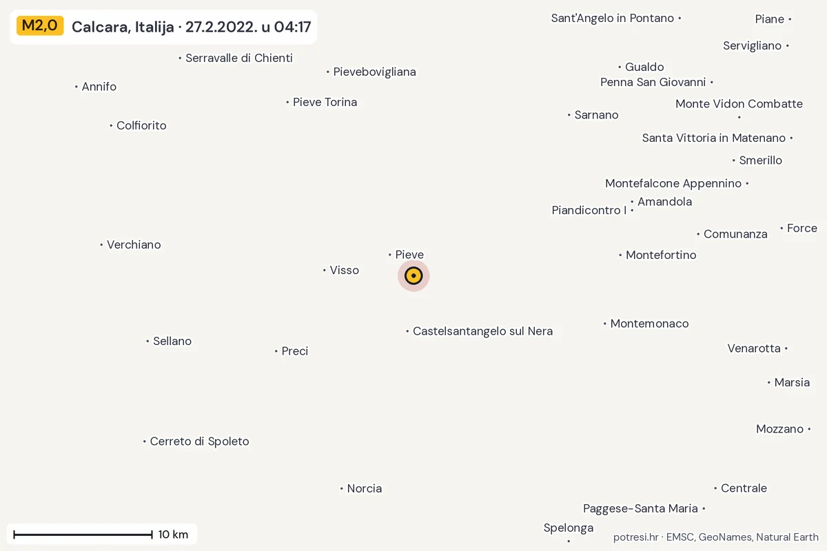 Karta: okolica epicentra, 60 km, potres M2,0, Calcara, Italija, 27.2.2022.