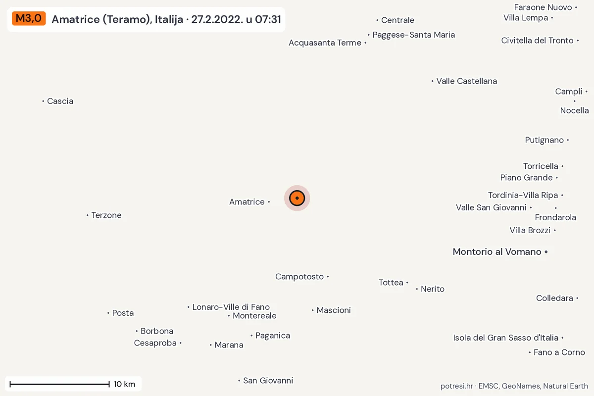 Karta: okolica epicentra, 60 km, potres M3,0, Amatrice (Teramo), Italija, 27.2.2022.