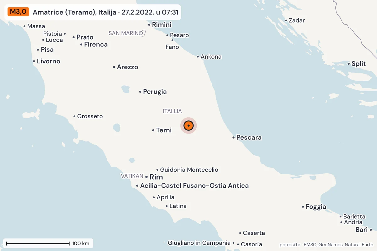 Karta: šire područje, 600 km, potres M3,0, Amatrice (Teramo), Italija, 27.2.2022.