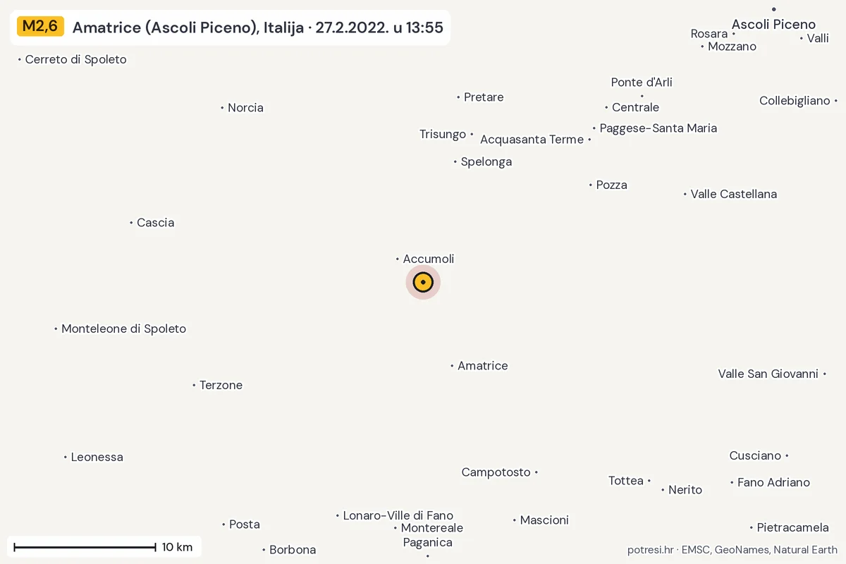 Karta: okolica epicentra, 60 km, potres M2,6, Amatrice (Ascoli Piceno), Italija, 27.2.2022.