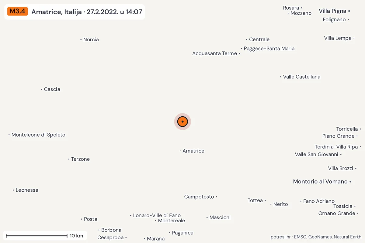 Karta: okolica epicentra, 60 km, potres M3,4, Amatrice, Italija, 27.2.2022.