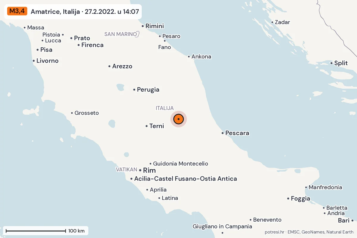 Karta: šire područje, 600 km, potres M3,4, Amatrice, Italija, 27.2.2022.