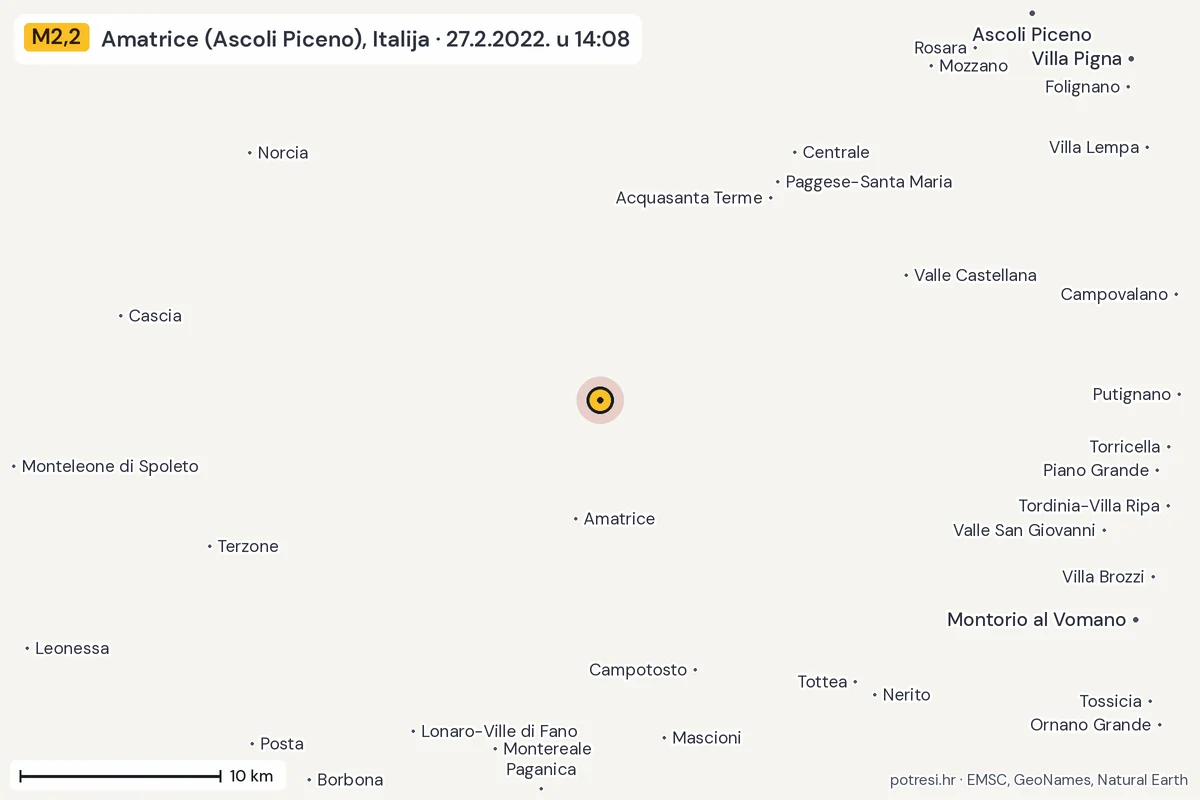 Karta: okolica epicentra, 60 km, potres M2,2, Amatrice (Ascoli Piceno), Italija, 27.2.2022.