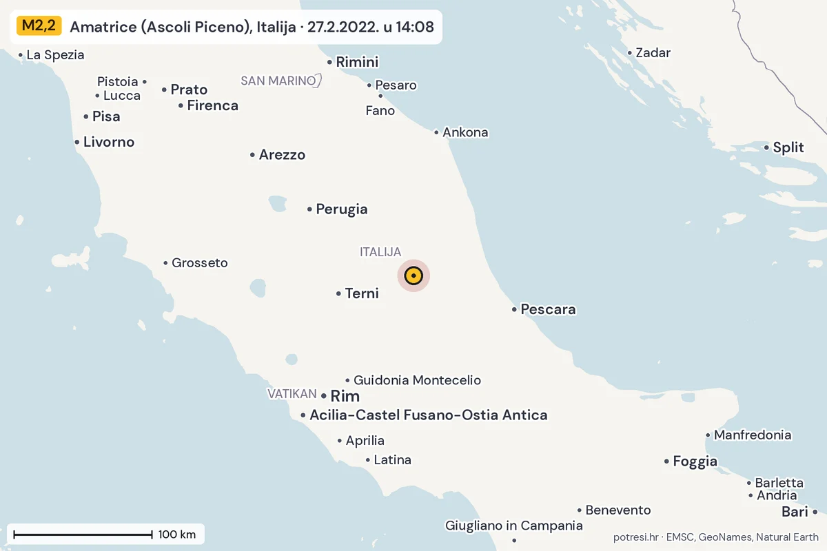 Karta: šire područje, 600 km, potres M2,2, Amatrice (Ascoli Piceno), Italija, 27.2.2022.