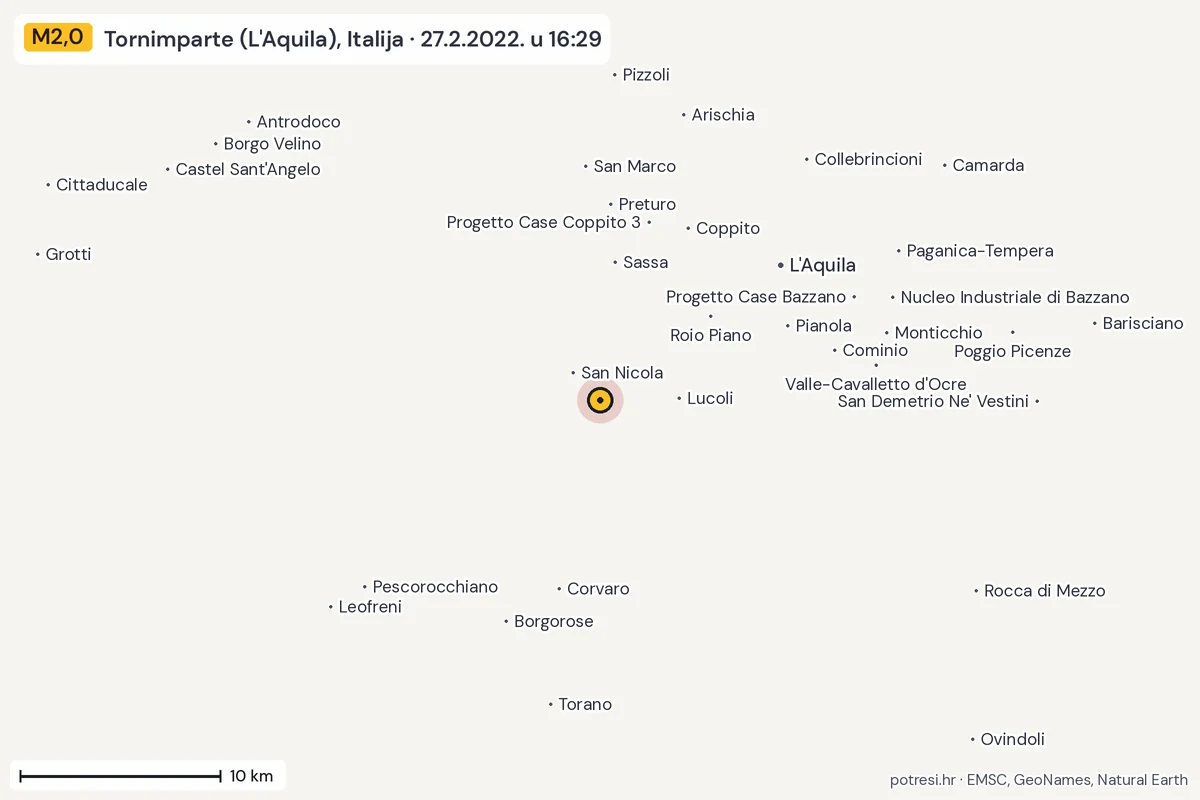Karta: okolica epicentra, 60 km, potres M2,0, Tornimparte (L'Aquila), Italija, 27.2.2022.