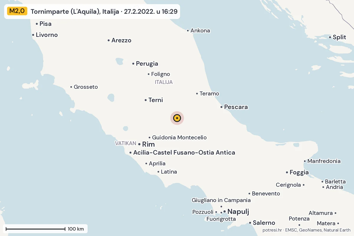 Karta: šire područje, 600 km, potres M2,0, Tornimparte (L'Aquila), Italija, 27.2.2022.
