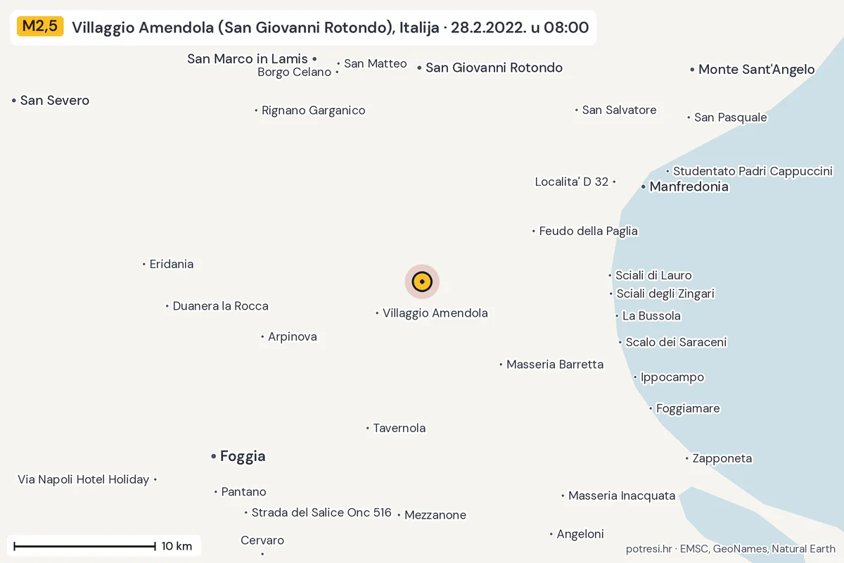 Karta: okolica epicentra, 60 km, potres M2,5, Villaggio Amendola (San Giovanni Rotondo), Italija, 28.2.2022.