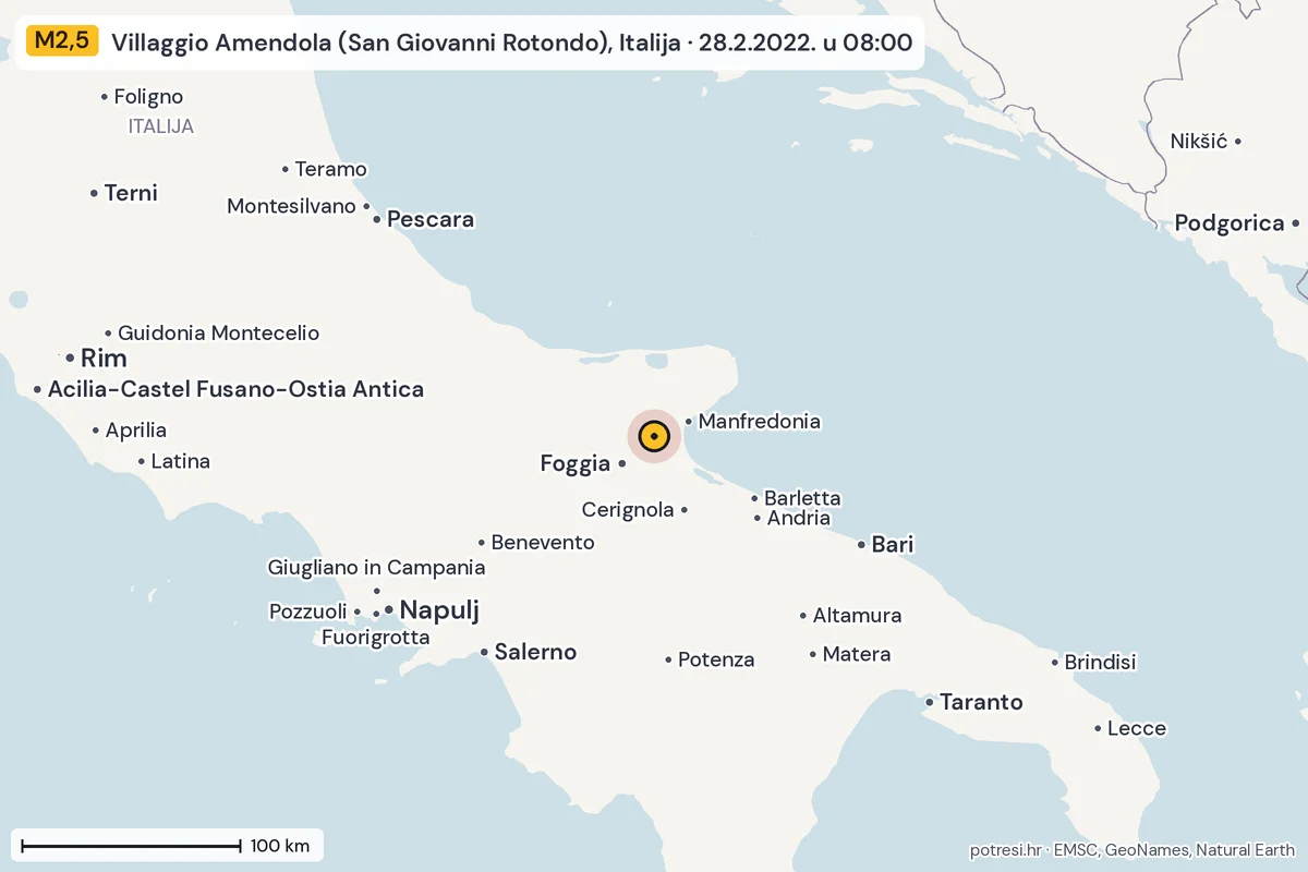 Karta: šire područje, 600 km, potres M2,5, Villaggio Amendola (San Giovanni Rotondo), Italija, 28.2.2022.