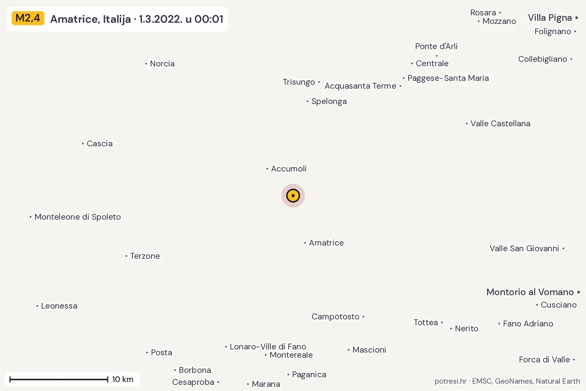 Karta: okolica epicentra, 60 km, potres M2,4, Amatrice, Italija, 1.3.2022.