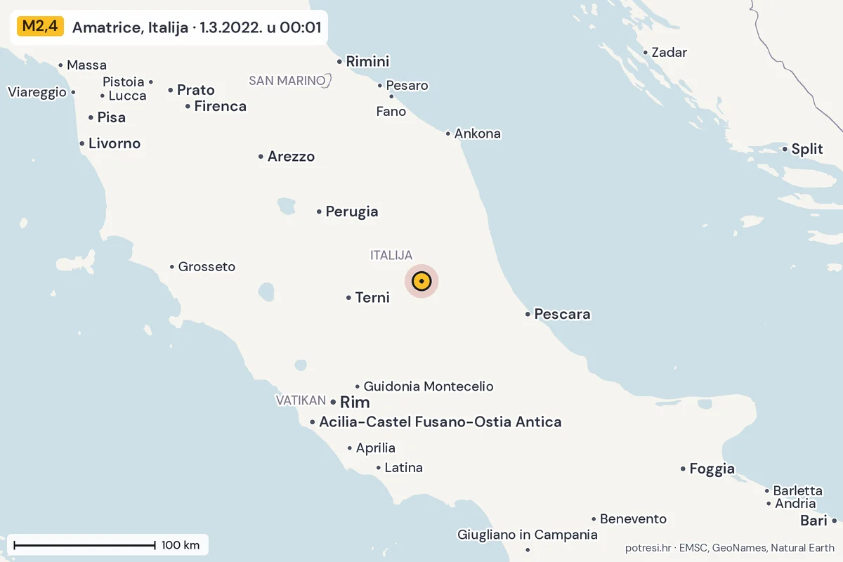 Karta: šire područje, 600 km, potres M2,4, Amatrice, Italija, 1.3.2022.