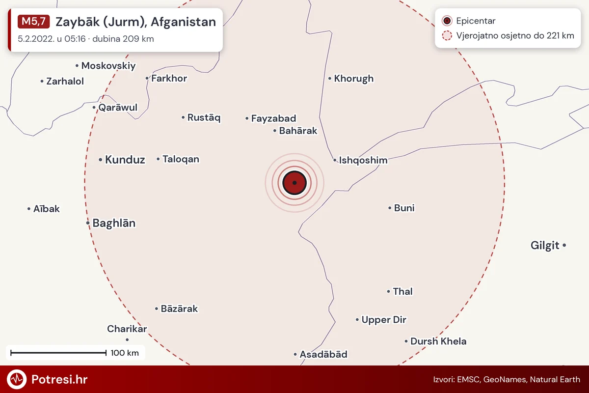 Karta: šire područje i vjerojatni doseg osjeta, potres M5,7, Zaybāk (Jurm), Afganistan, 5.2.2022.