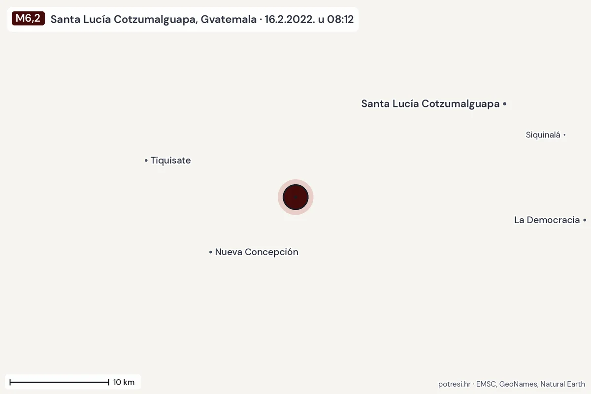 Karta: okolica epicentra, 60 km, potres M6,2, Santa Lucía Cotzumalguapa, Gvatemala, 16.2.2022.