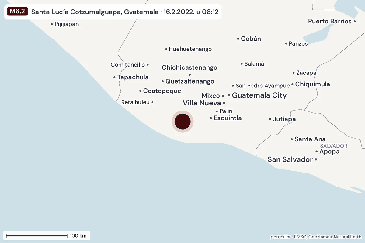 Karta: šire područje, 600 km, potres M6,2, Santa Lucía Cotzumalguapa, Gvatemala, 16.2.2022.