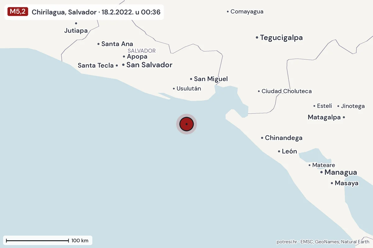 Karta: šire područje, 600 km, potres M5,2, Chirilagua, Salvador, 18.2.2022.