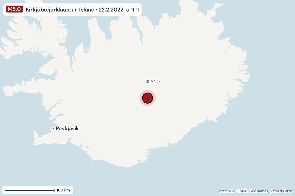 Karta: šire područje, 600 km, potres M5,0, Kirkjubæjarklaustur, Island, 22.2.2022.