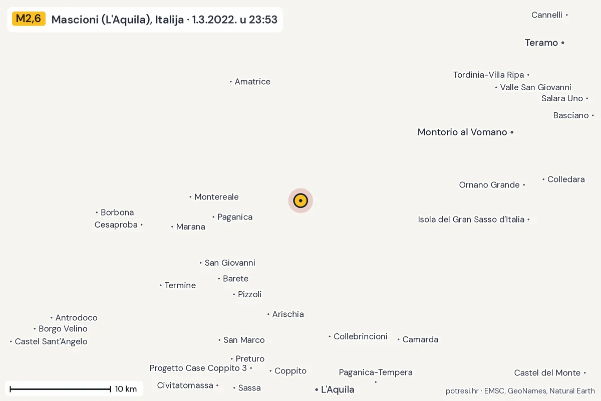 Karta: okolica epicentra, 60 km, potres M2,6, Mascioni (L'Aquila), Italija, 1.3.2022.