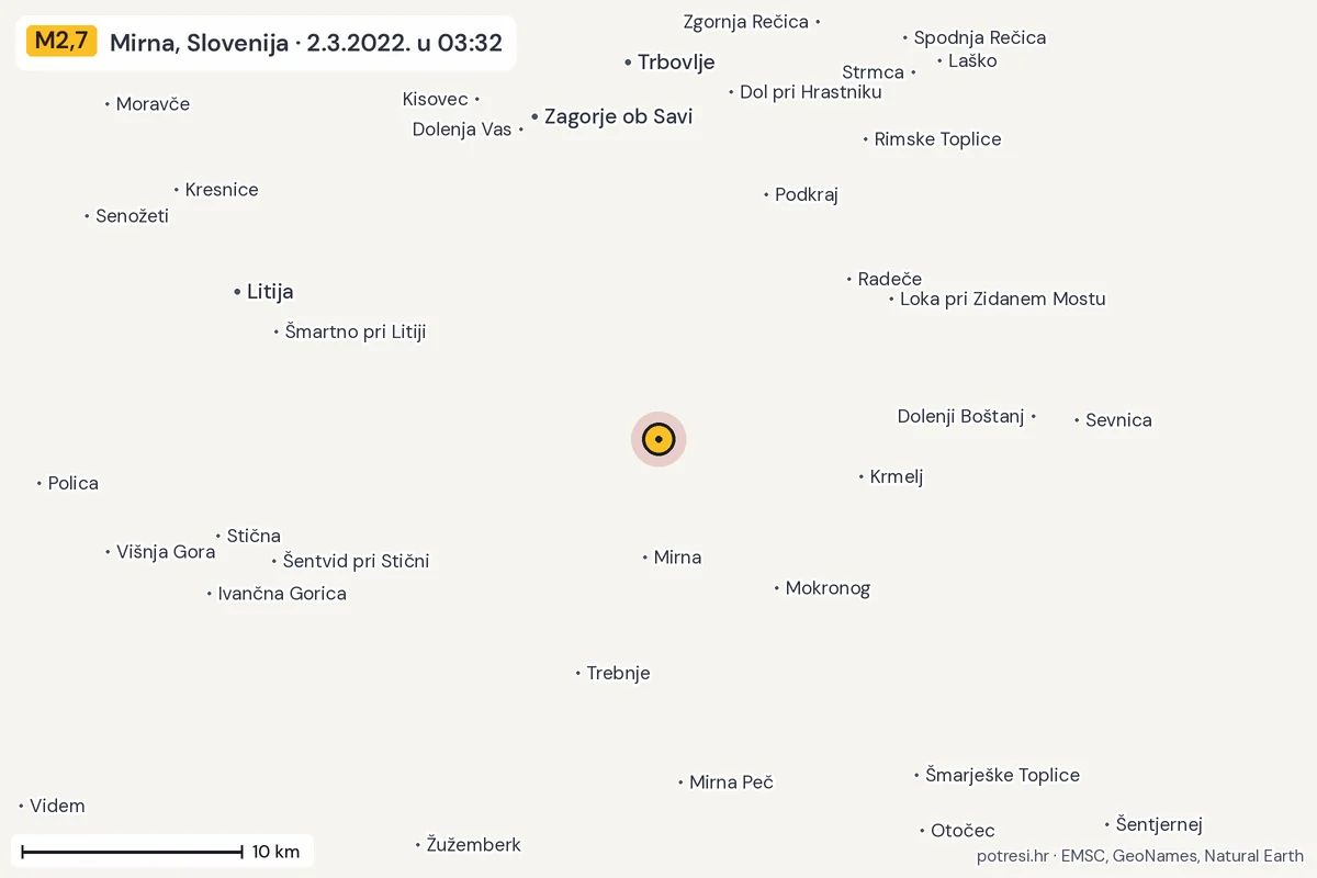 Karta: okolica epicentra, 60 km, potres M2,7, Mirna, Slovenija, 2.3.2022.
