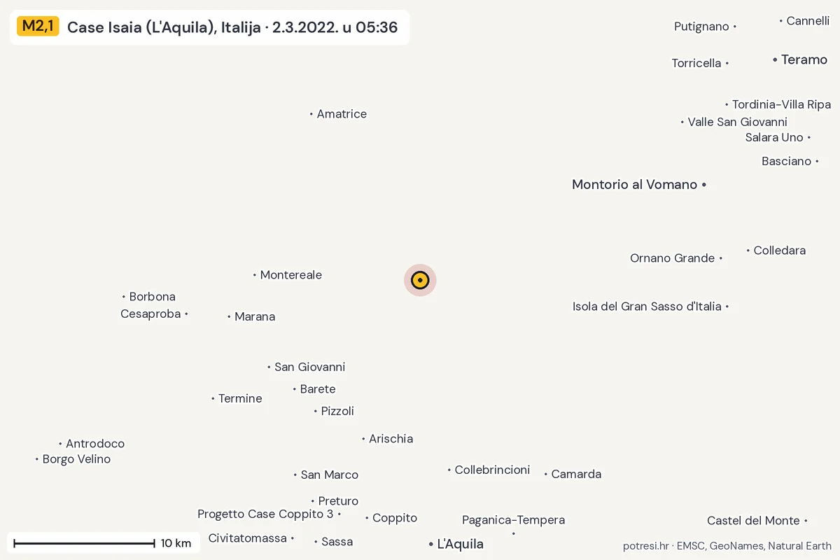 Karta: okolica epicentra, 60 km, potres M2,1, Case Isaia (L'Aquila), Italija, 2.3.2022.