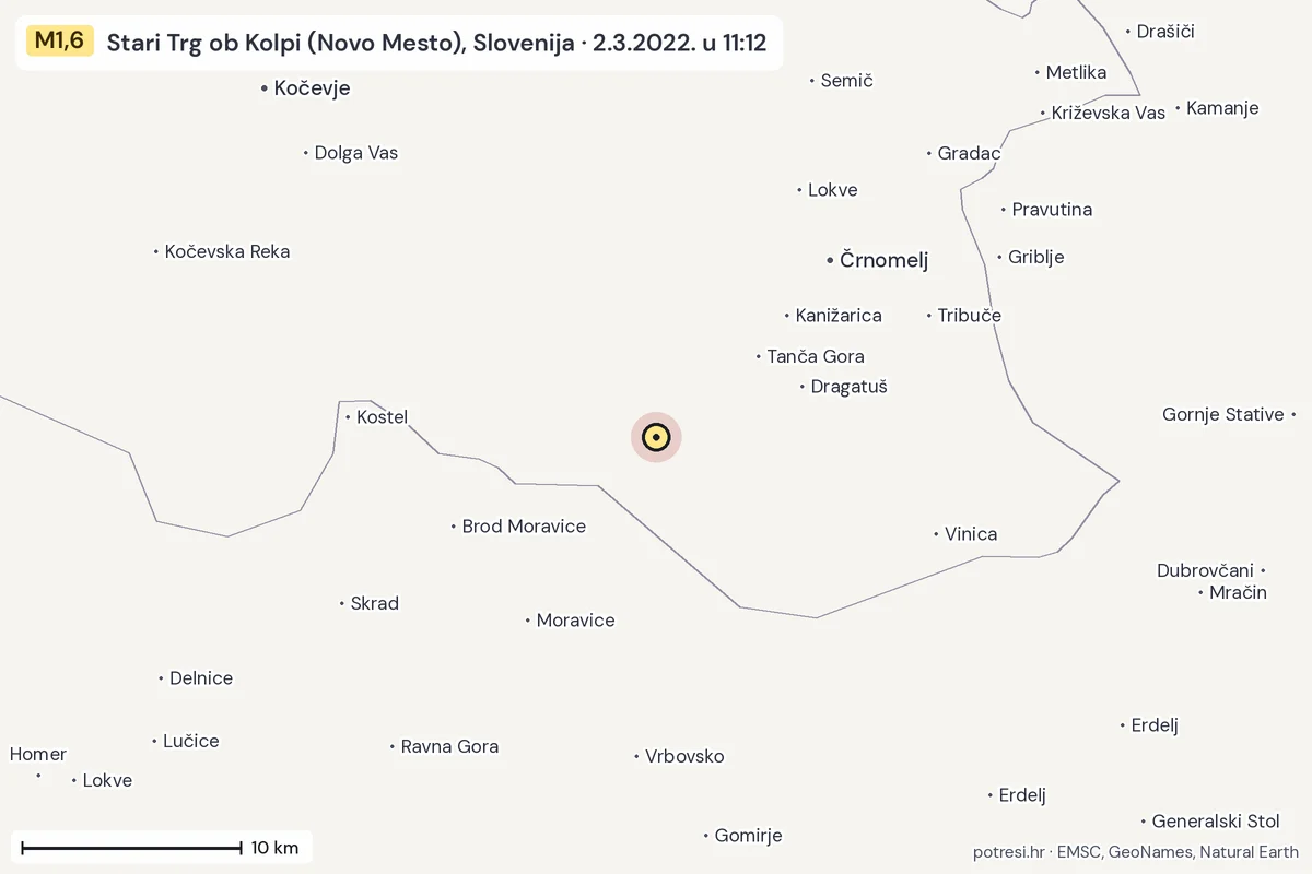 Karta: okolica epicentra, 60 km, potres M1,6, Stari Trg ob Kolpi (Novo Mesto), Slovenija, 2.3.2022.