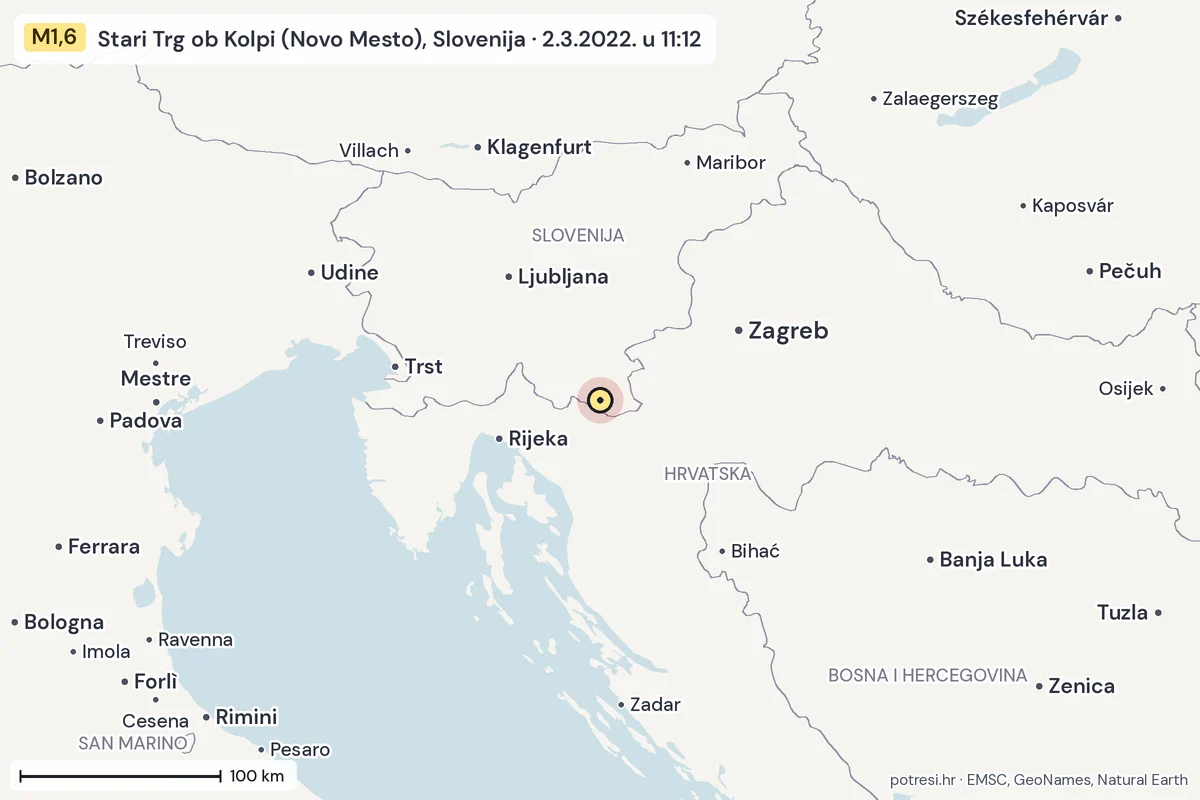Karta: šire područje, 600 km, potres M1,6, Stari Trg ob Kolpi (Novo Mesto), Slovenija, 2.3.2022.