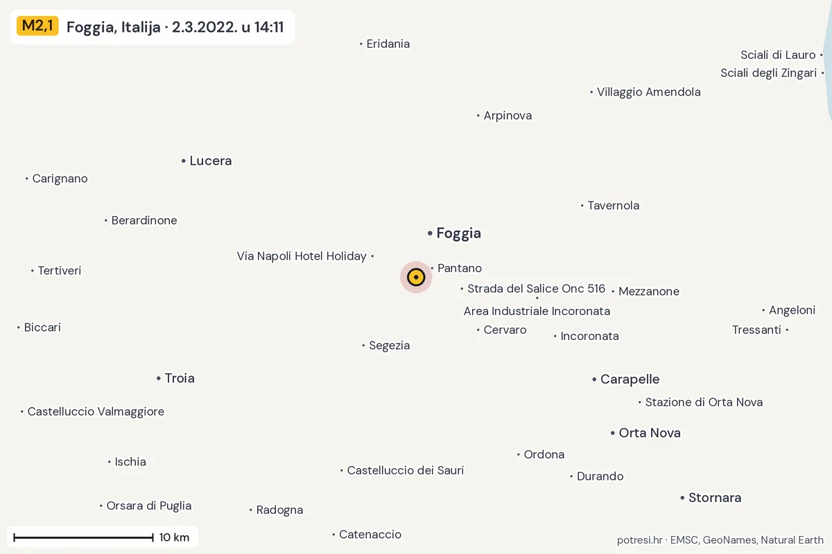 Karta: okolica epicentra, 60 km, potres M2,1, Foggia, Italija, 2.3.2022.