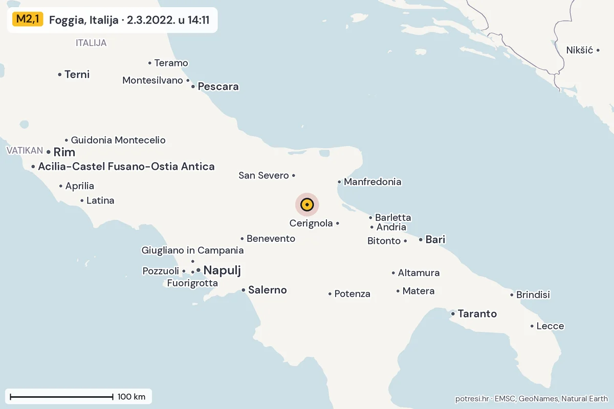 Karta: šire područje, 600 km, potres M2,1, Foggia, Italija, 2.3.2022.