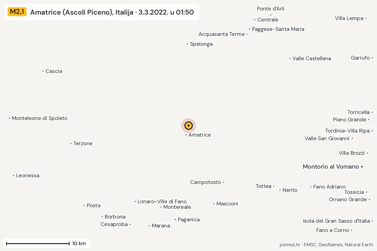Karta: okolica epicentra, 60 km, potres M2,1, Amatrice (Ascoli Piceno), Italija, 3.3.2022.