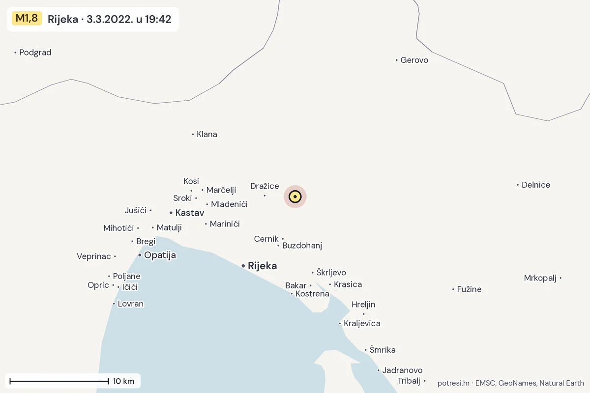 Karta: okolica epicentra, 60 km, potres M1,8, Rijeka, 3.3.2022.