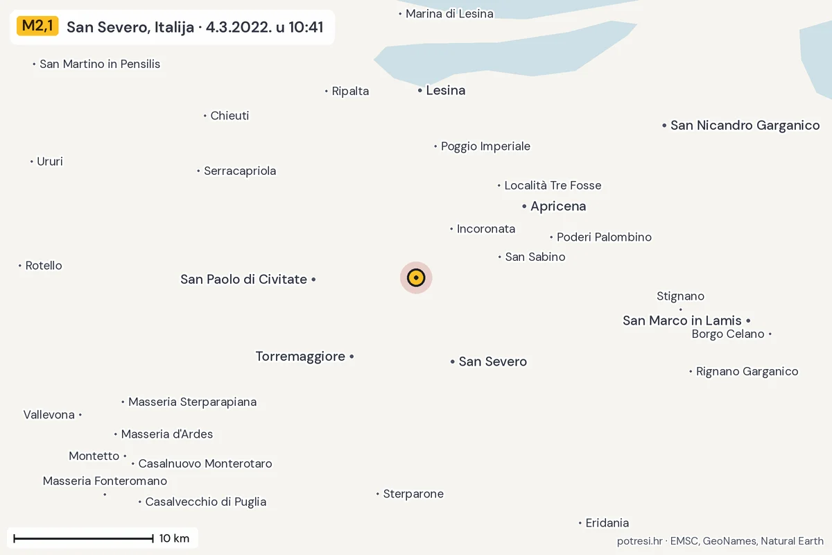 Karta: okolica epicentra, 60 km, potres M2,1, San Severo, Italija, 4.3.2022.
