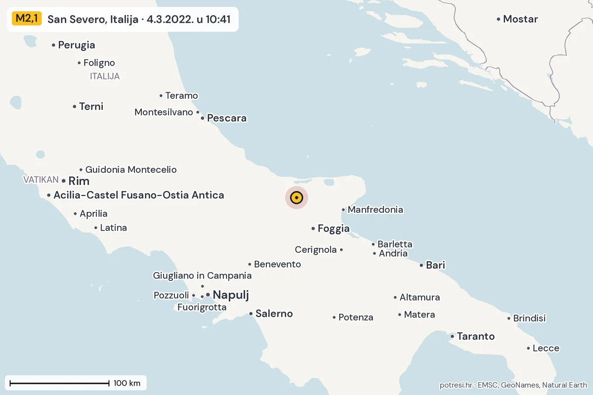 Karta: šire područje, 600 km, potres M2,1, San Severo, Italija, 4.3.2022.