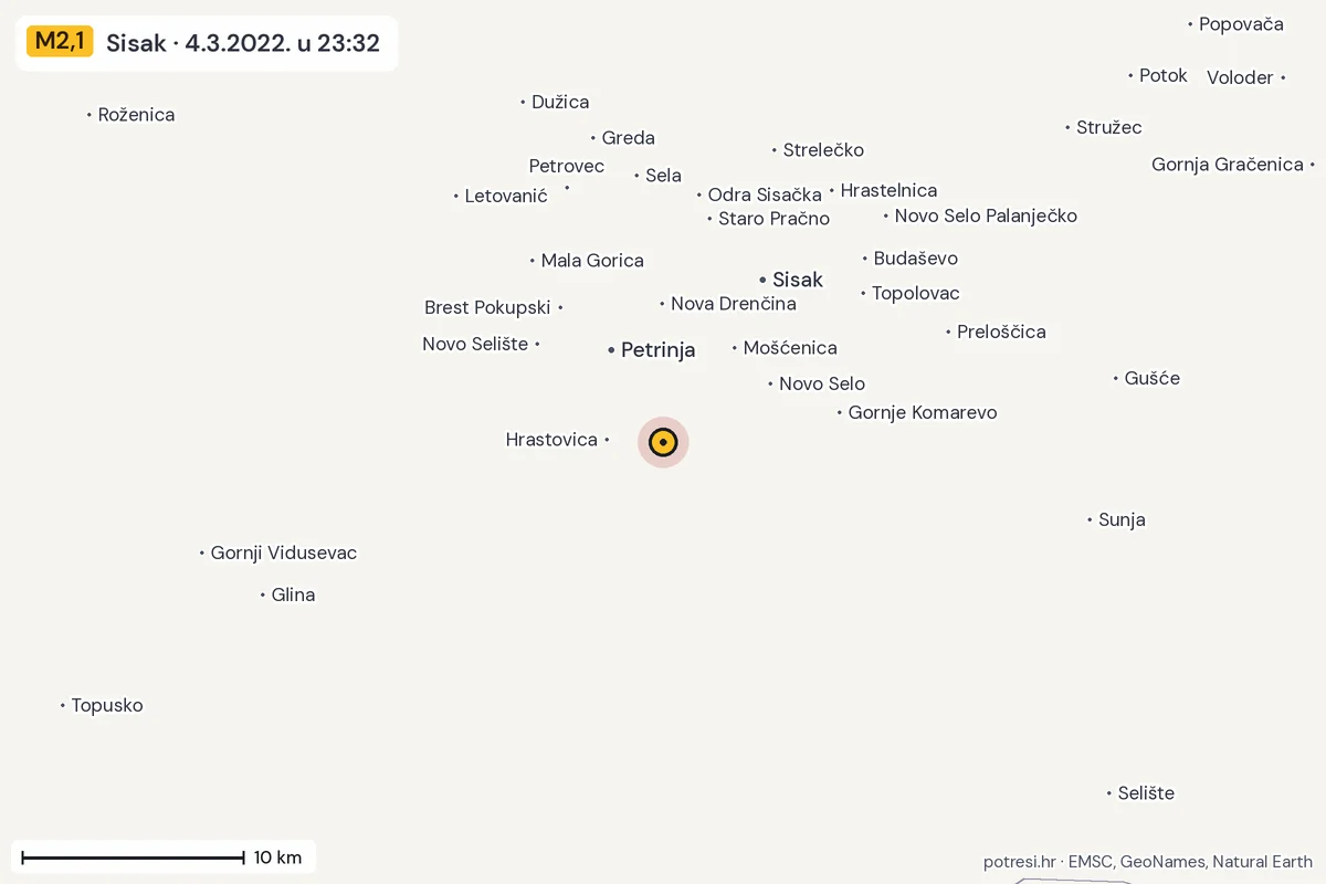 Karta: okolica epicentra, 60 km, potres M2,1, Sisak, 4.3.2022.