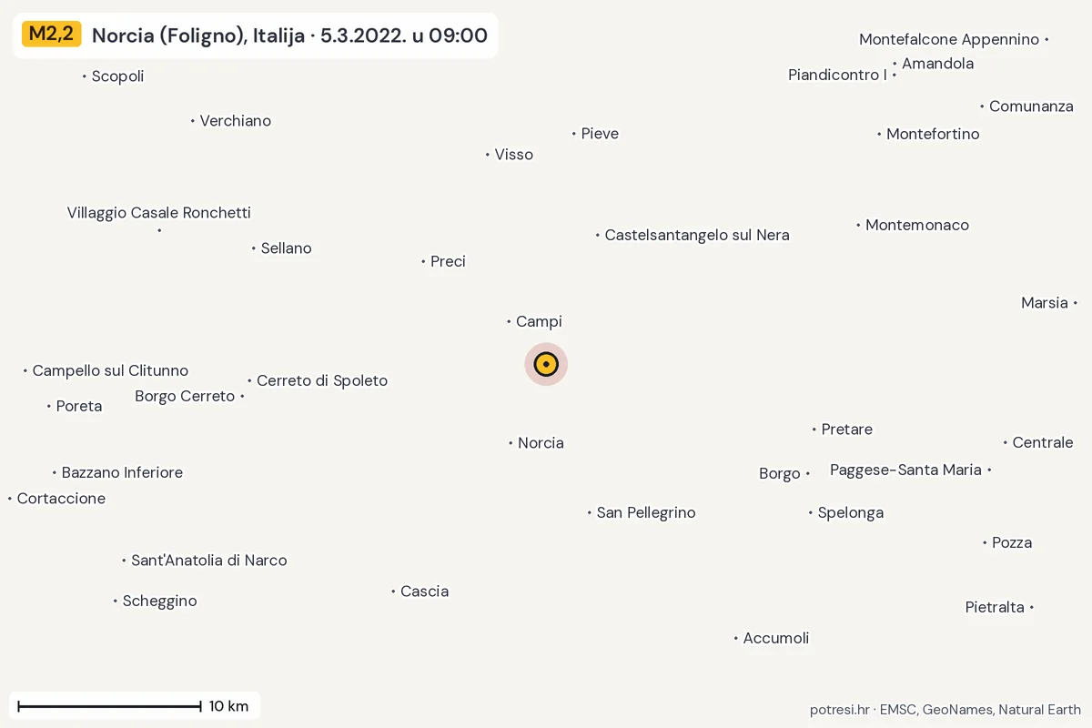 Karta: okolica epicentra, 60 km, potres M2,2, Norcia (Foligno), Italija, 5.3.2022.
